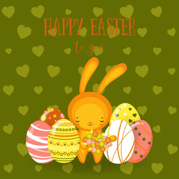 Ευχετήριες κάρτες. Χαριτωμένο λαγουδάκι του Πάσχα, αυγά, λουλούδια — Διανυσματικό Αρχείο