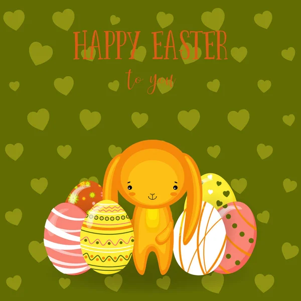 Greeting cards. Cute Easter bunny,  eggs, flowers — Stock Vector