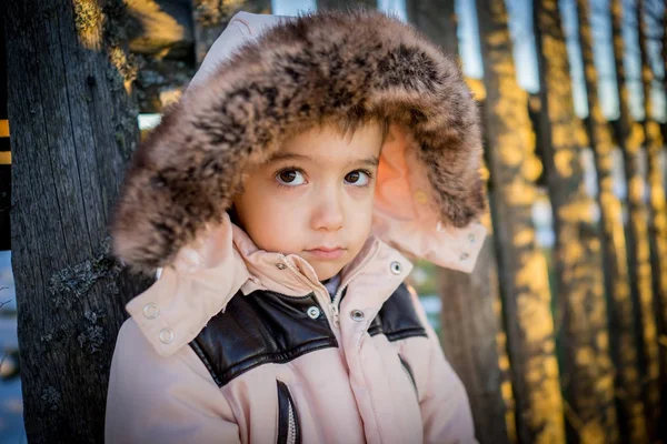 Mały Chłopiec Śniegu Obok Ogrodzenia Drewniane Kraju — Zdjęcie stockowe