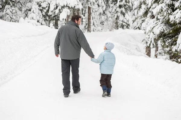 Pai Filho Neve Floresta — Fotografia de Stock