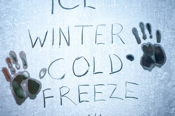 Writing Frozen Ice Window Glass — Stock Photo, Image