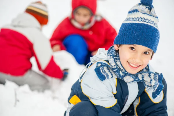 Playful Cheerful Children Sledding Making Snowman Snow — Stock Photo, Image