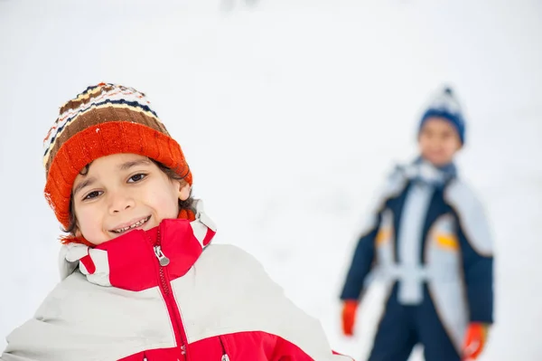 Playful Cheerful Children Sledding Making Snowman Snow — Stock Photo, Image