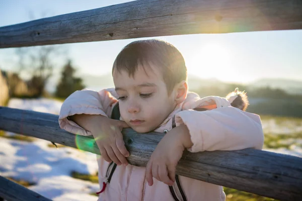 Little Boy Snow Next Wooden Country Fence — Stock Photo, Image