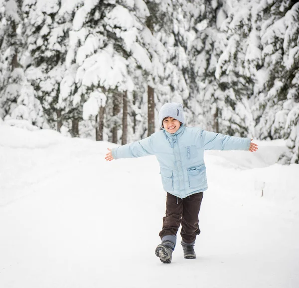 Αγόρια Περπάτημα Στη Χιονισμένη Χώρα Δασικός Δρόμος — Φωτογραφία Αρχείου