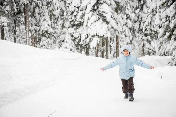 Αγόρια Περπάτημα Στη Χιονισμένη Χώρα Δασικός Δρόμος — Φωτογραφία Αρχείου