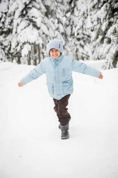 Chłopcy Pieszo Snowy Kraju Dróg Leśnych — Zdjęcie stockowe