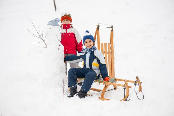 Ludique Enfants Joyeux Luge Faire Bonhomme Neige Dans Neige Photos De Stock Libres De Droits