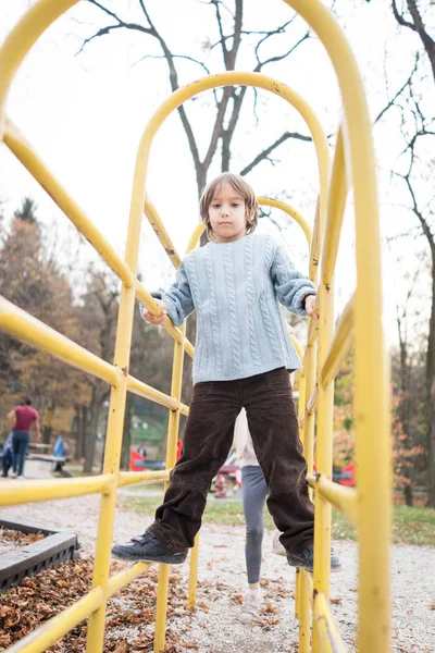 Enfants Jouant Sur Une Aire Jeux Marchant Grimpant Sur Des — Photo