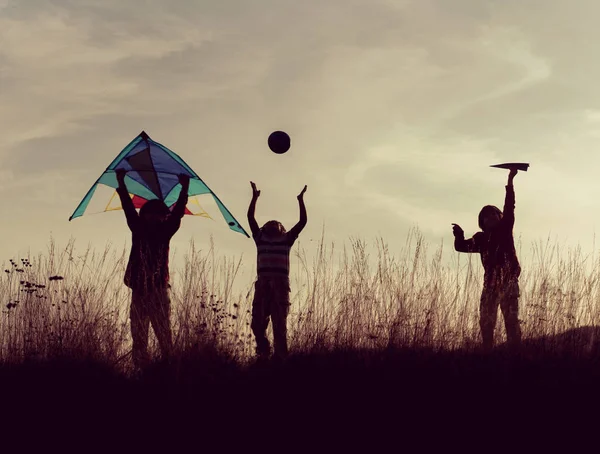 Groupe Enfants Qui Apprécient Leur Séjour Dans Pré Coucher Soleil — Photo