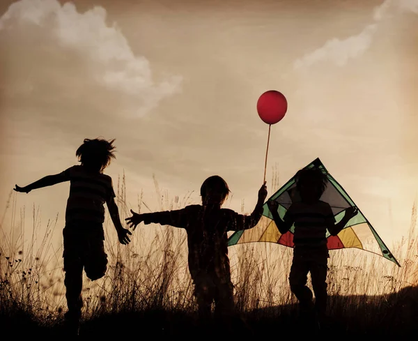 Group Kids Enjoying Time Meadow Sunset — Stock Photo, Image