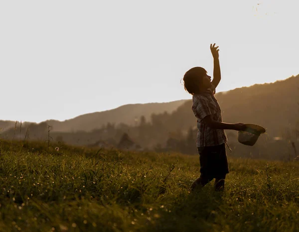 Νεαρό Αγόρι Σιλουέτα Χερσαίο Χώρο Στο Ηλιοβασίλεμα — Φωτογραφία Αρχείου
