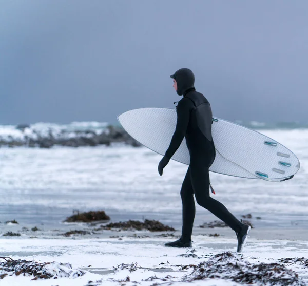 冬の雪のビーチを歩く極端なサーファー — ストック写真