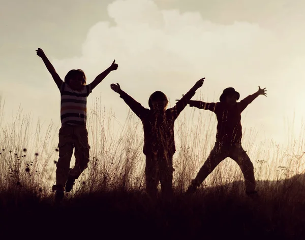 Kindergruppe Genießt Ihre Zeit Auf Der Wiese Bei Sonnenuntergang — Stockfoto