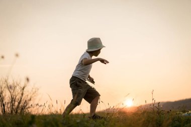 Çayır üzerinde uçurtması olan küçük çocuk
