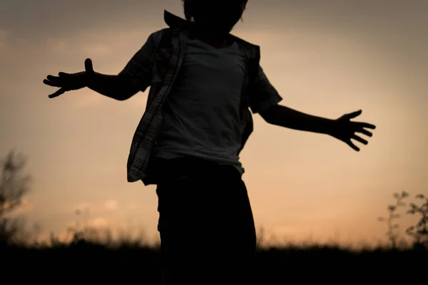 Silhouette Garçon Dans Pré Coucher Soleil — Photo