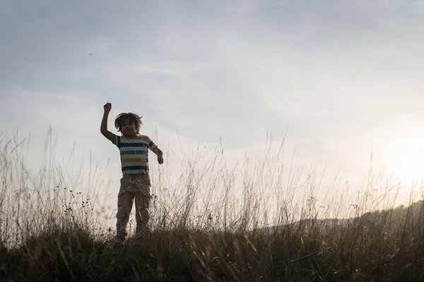 Silhouette Eines Aufgeregten Kindes Auf Einem Feld Bei Sonnenuntergang — Stockfoto