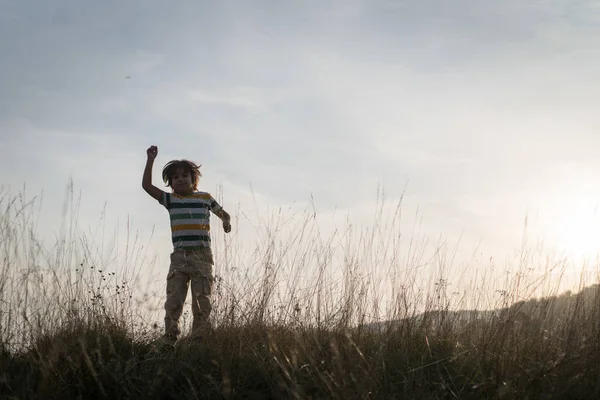 Silhouette Excited Child Sunset Field — Stock Photo, Image