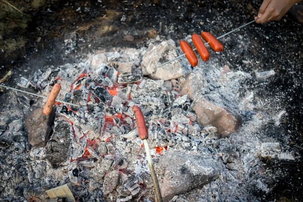 Preparare Salsicce Sul Fuoco Del Campo — Foto Stock
