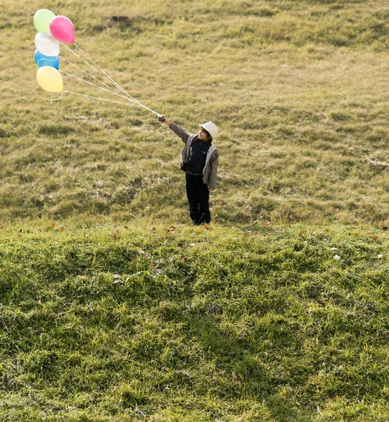 Petit Garçon Mignon Sur Prairie Herbe Avec Des Ballons — Photo