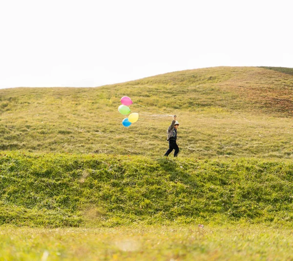 Ett Litet Barn Med Ballonger Ängen — Stockfoto