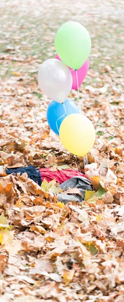 Kid Zabawy Jesiennych Liściach Balonami — Zdjęcie stockowe