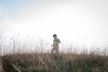 Mutlu küçük çocuk çimlerin üzerinde gün batımında