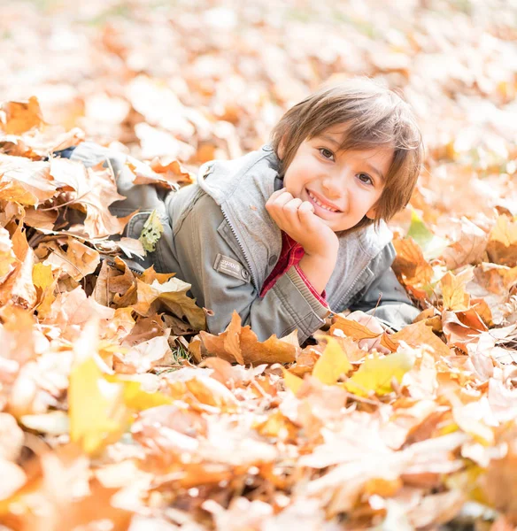 Boldog Aranyos Gyermek Őszi Leveleiben — Stock Fotó