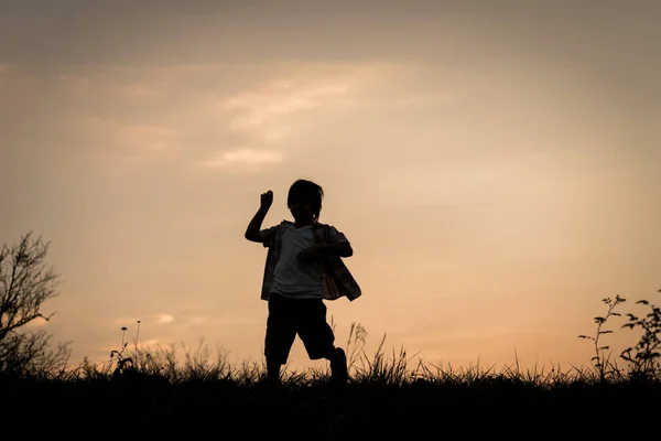 Αγόρι Σιλουέτα Στο Λιβάδι Ηλιοβασίλεμα — Φωτογραφία Αρχείου