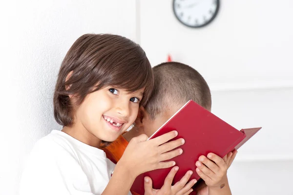 Irmãos Lendo Livro Perto — Fotografia de Stock