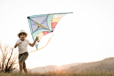 Çayır üzerinde uçurtması olan küçük çocuk