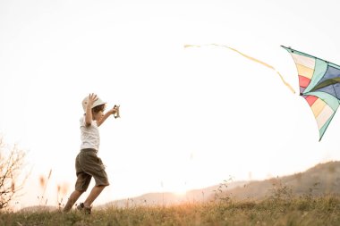 Çayır üzerinde uçurtması olan küçük çocuk