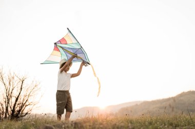 Çayır üzerinde uçurtması olan küçük çocuk