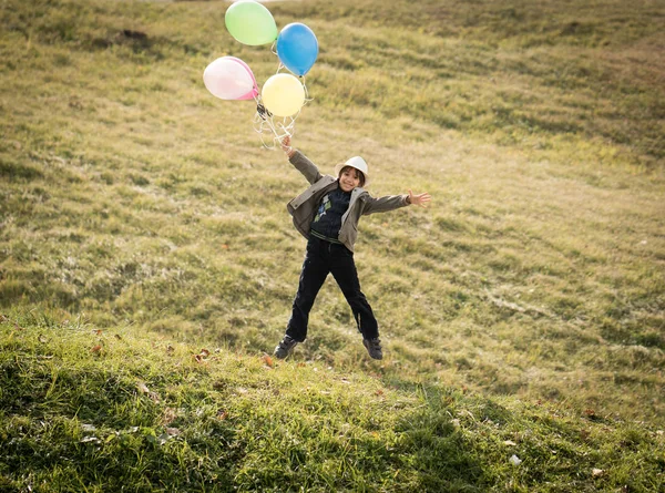 Little Cute Boy Grass Meadow Balloons — Stock Photo, Image