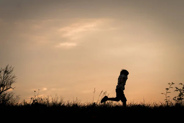 Αγόρι Σιλουέτα Στο Λιβάδι Ηλιοβασίλεμα — Φωτογραφία Αρχείου