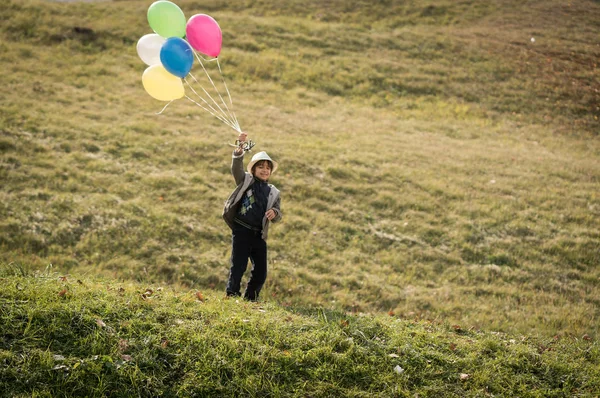 一个可爱的小男孩在草地上拿着气球 — 图库照片