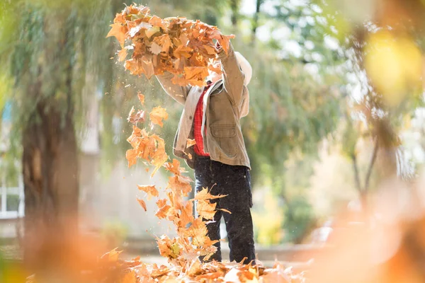 Sonbahar Yapraklarında Mutlu Şirin Çocuk — Stok fotoğraf