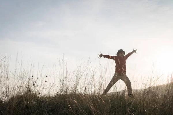 Silhouette Excited Child Sunset Field —  Fotos de Stock