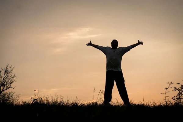 Silhouette Adult Man Sunset Grass Meadow — Foto de Stock