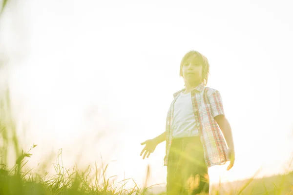 牧草地で夕日を楽しむリラックスした子供 — ストック写真