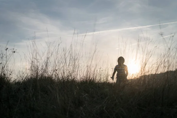 Silhouette Enfant Dans Pré Coucher Soleil — Photo