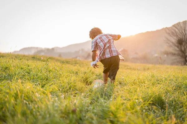 Happy Little Child Grass Meadow — Stock Photo, Image