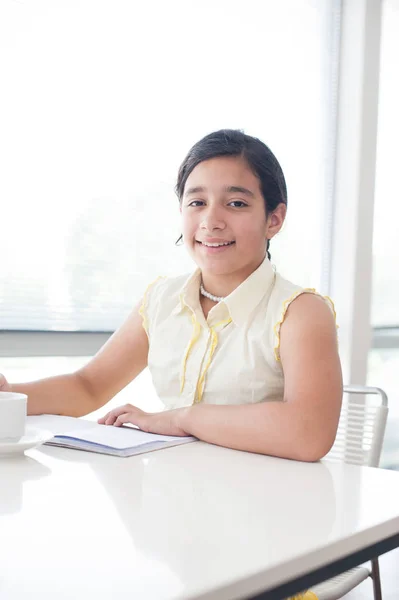 Little Cute School Girl Table — Stock Photo, Image