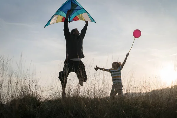 父亲和儿子在夕阳西下的草地上放风筝 — 图库照片