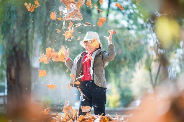 秋の紅葉の中で幸せなかわいい男の子 — ストック写真