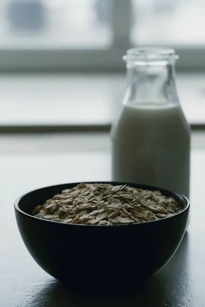 Delicious oats in bowl with milk