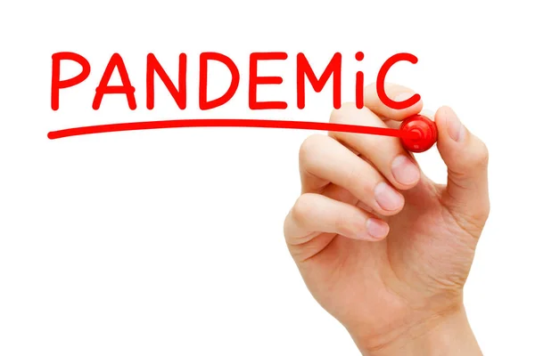Mão Escrevendo Palavra Pandemia Com Marcador Vermelho Placa Limpeza Transparente — Fotografia de Stock