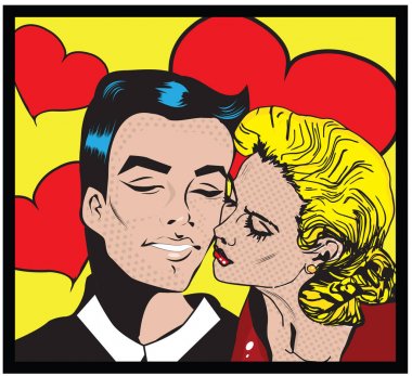 Çift Pop art illüstrasyon kadın ve erkek öpüşme