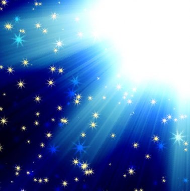 Güneş ışınları üzerinde mavi karanlık gökyüzü yıldızlarla