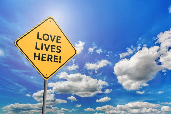 Background Blue Sky Cumulus Clouds Yellow Road Sign Text Love — Stock Photo, Image